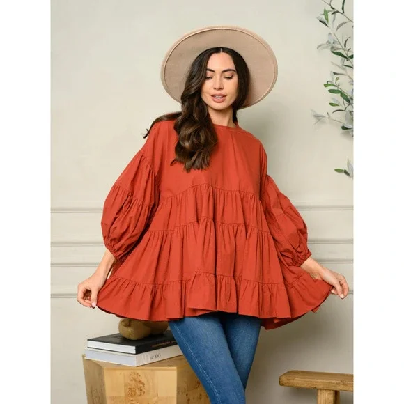 Rust Orange Long Sleeve Tiered Tunic Top - Picture 2 of 4